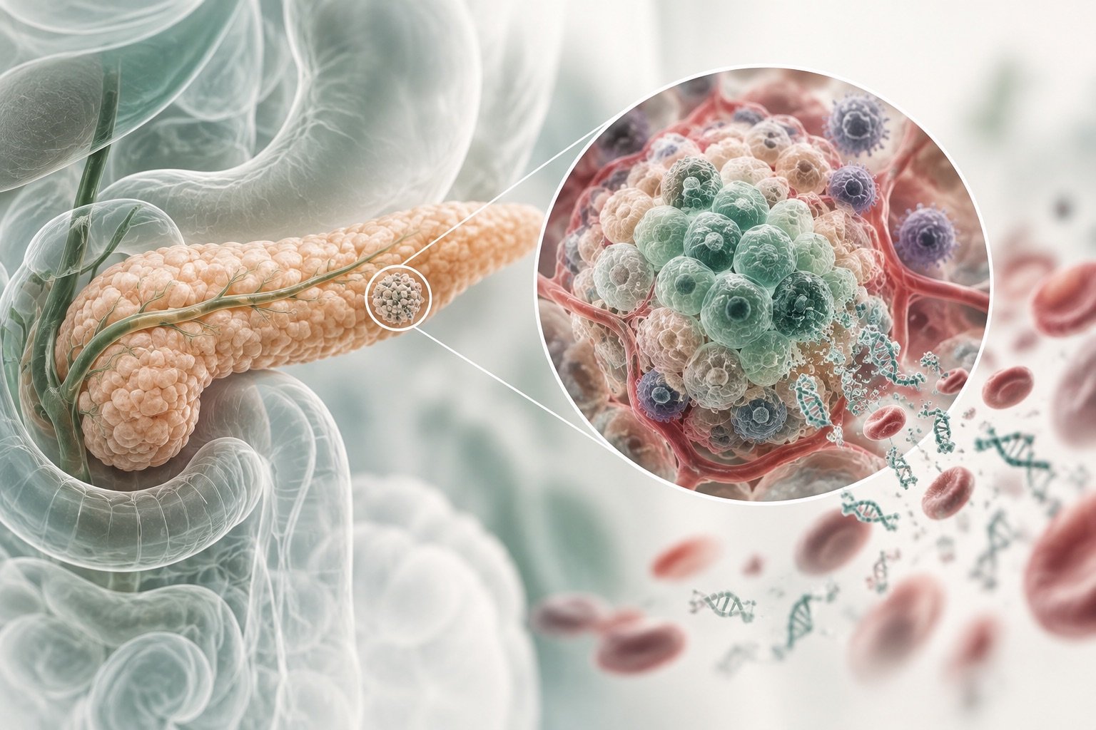 The pancreas with a magnified pancreatic islet under autoimmune attack, releasing cell-free DNA into the bloodstream