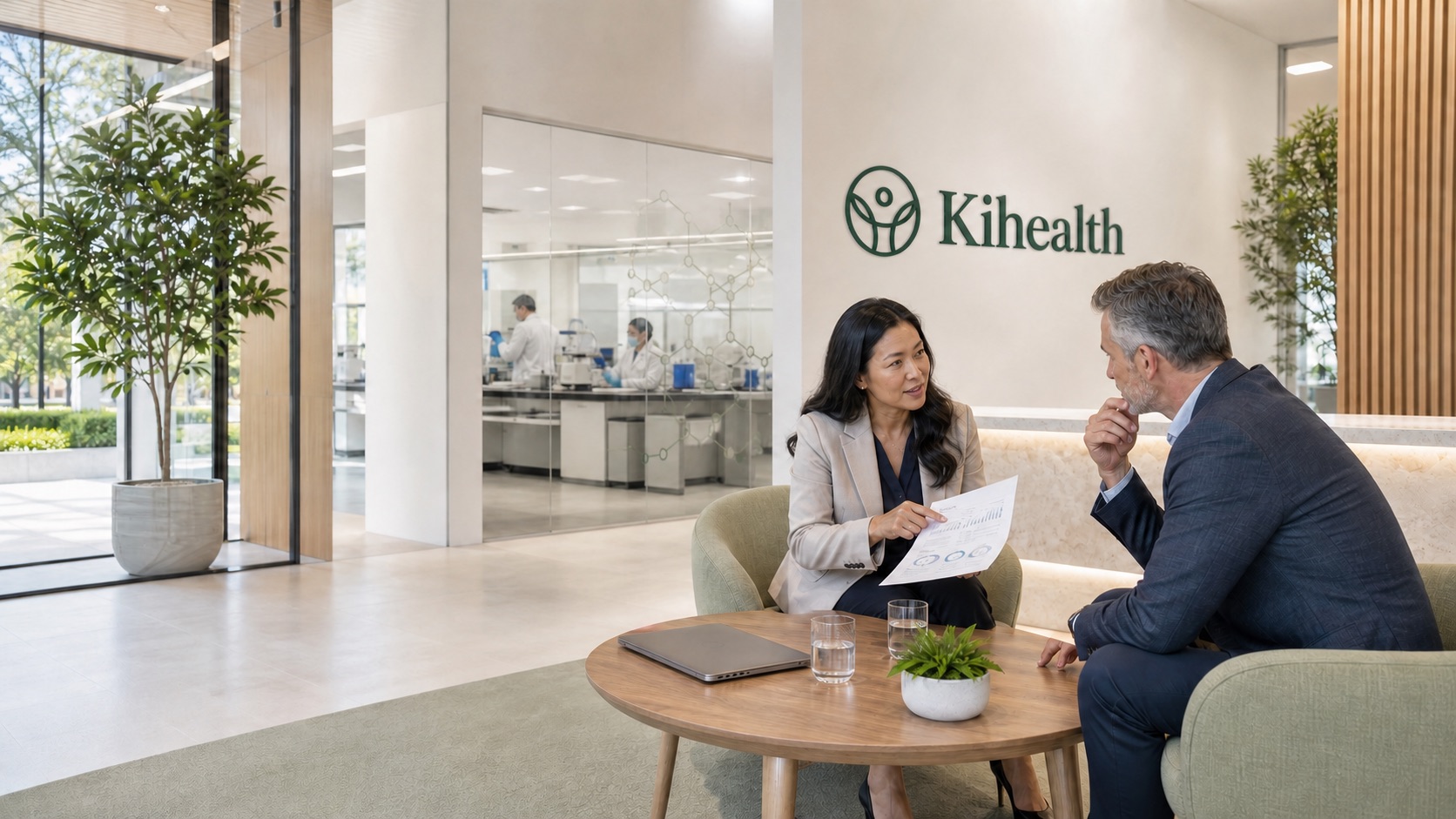 Two colleagues reviewing a Kihealth report in a lounge beside the Kihealth molecular laboratory