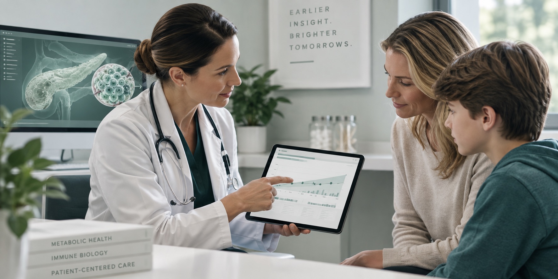 A clinician reviews a rising trend dashboard on a tablet with a mother and her son in an examination room