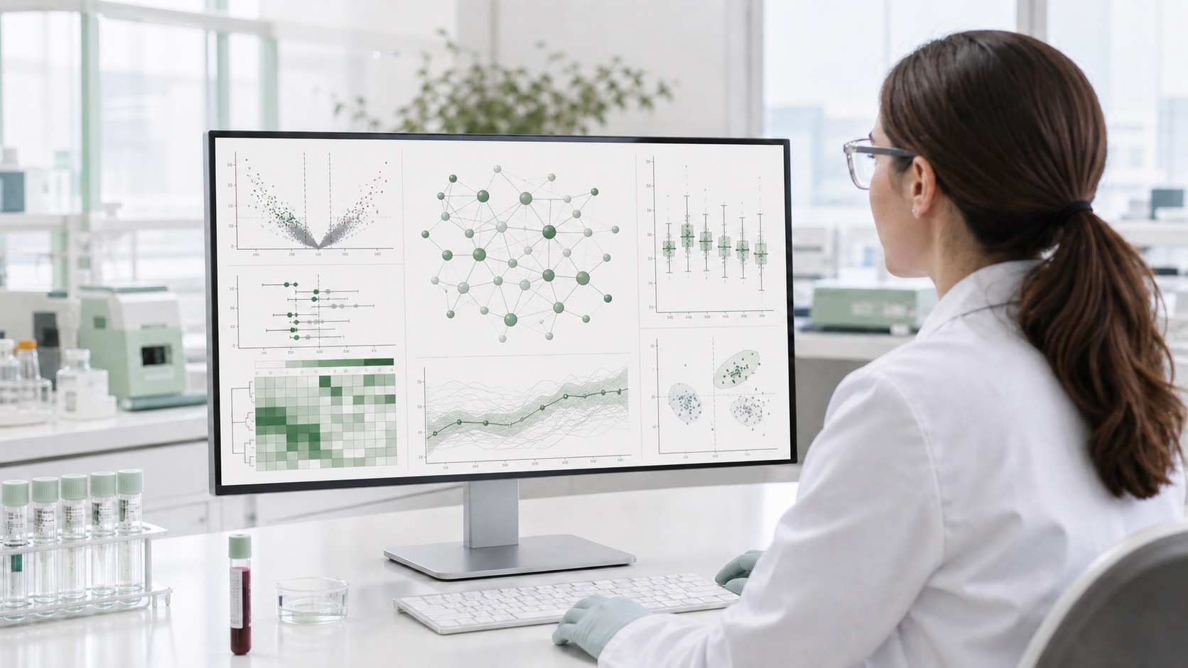 Researcher reviewing longitudinal study results on a monitor beside sample tubes