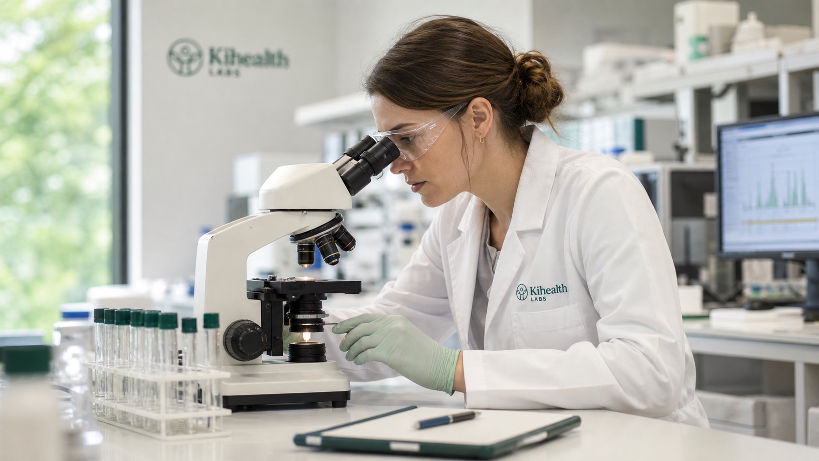 A Kihealth Labs scientist in a white coat and safety glasses looks into a microscope at a bench with sample tubes, the Kihealth Labs logo on the wall behind