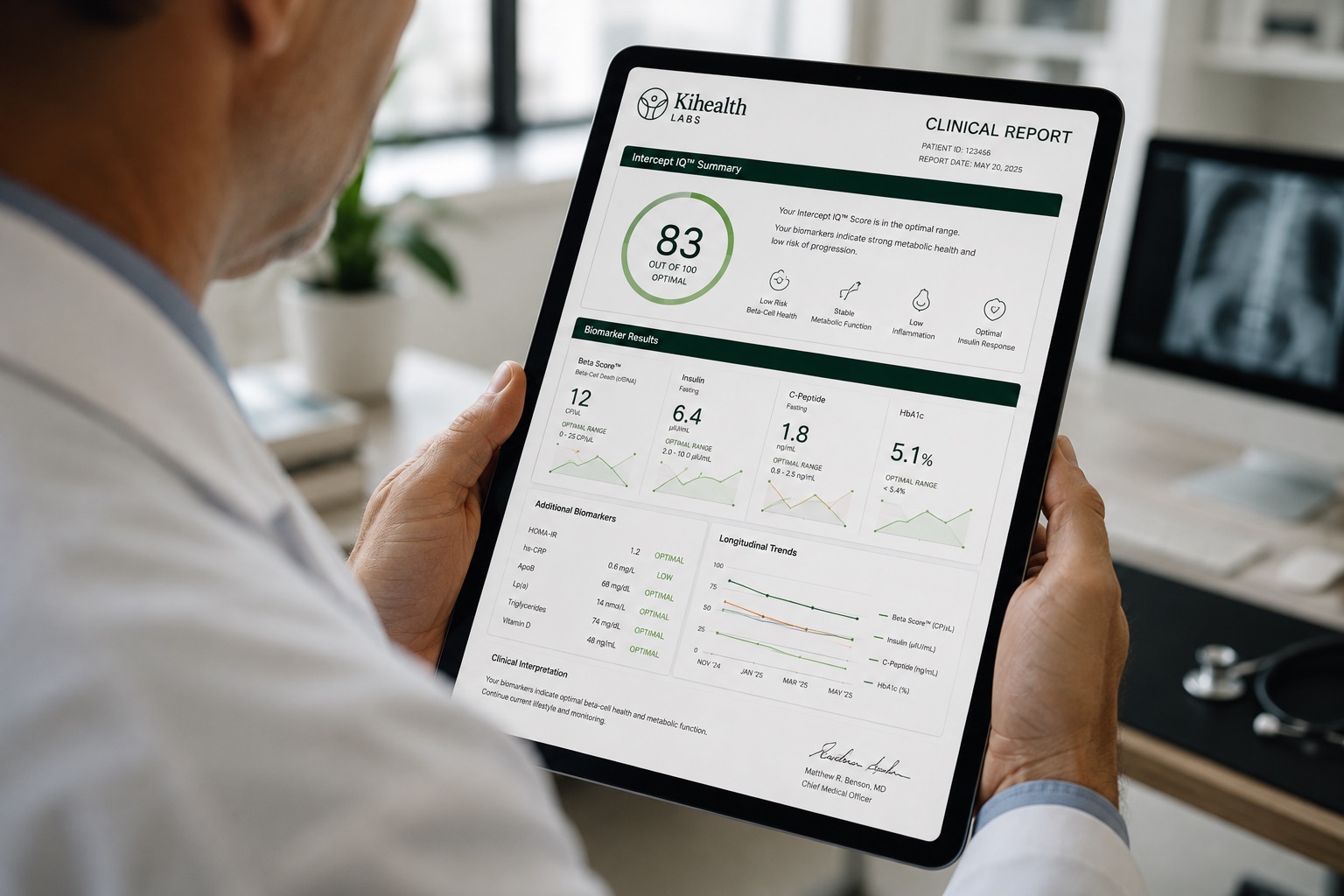 Clinician reviewing a Kihealth clinical report with longitudinal trends on a tablet