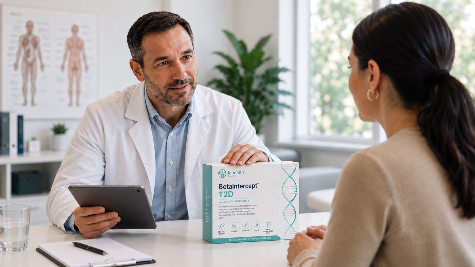 A clinician reviewing Beta Intercept T2D results on a tablet with a patient in a specialist clinic