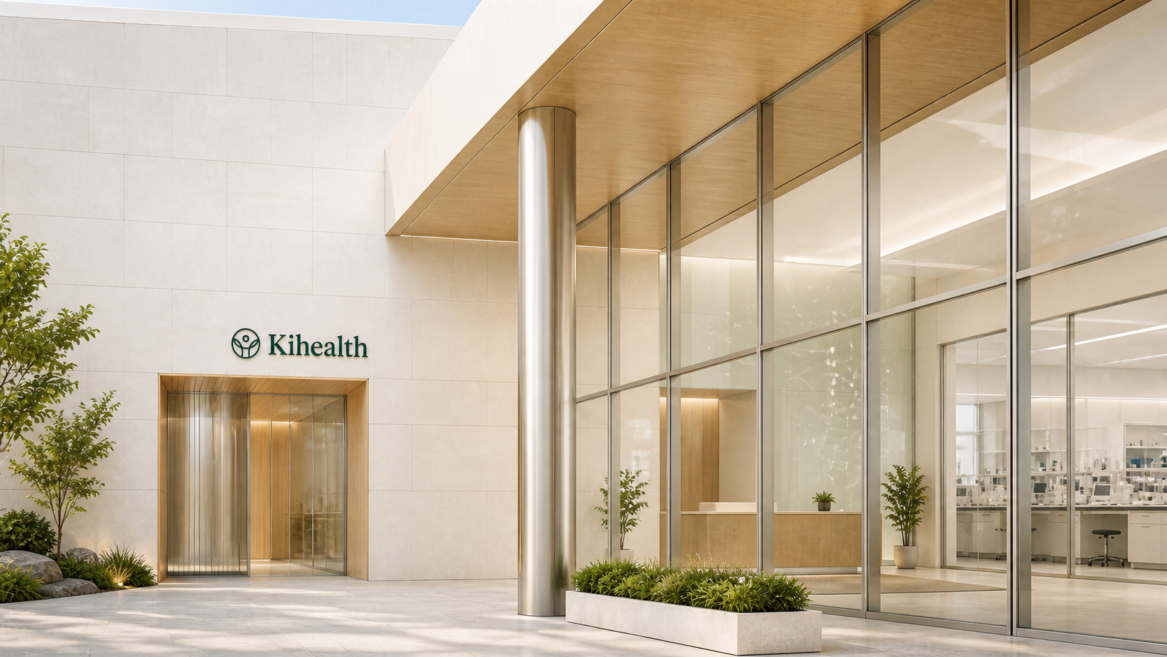 Modern Kihealth headquarters entrance with glass facade and landscaped courtyard