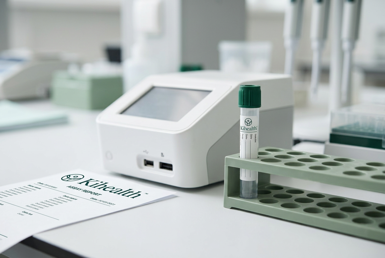 Kihealth blood collection vial in a rack beside a laboratory analyzer and a Kihealth assay report
