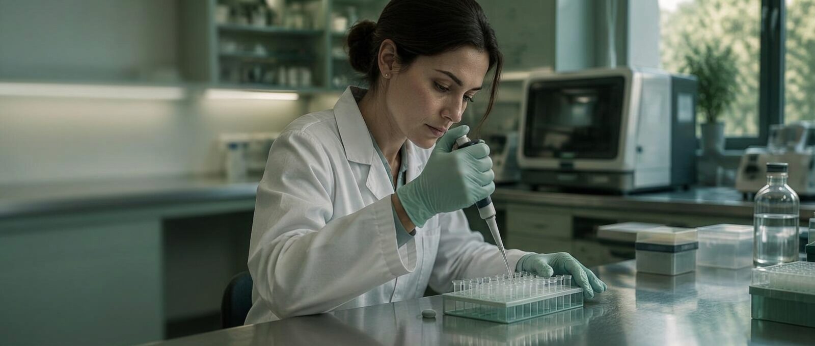 A scientist pipetting sample vials in a molecular diagnostics laboratory