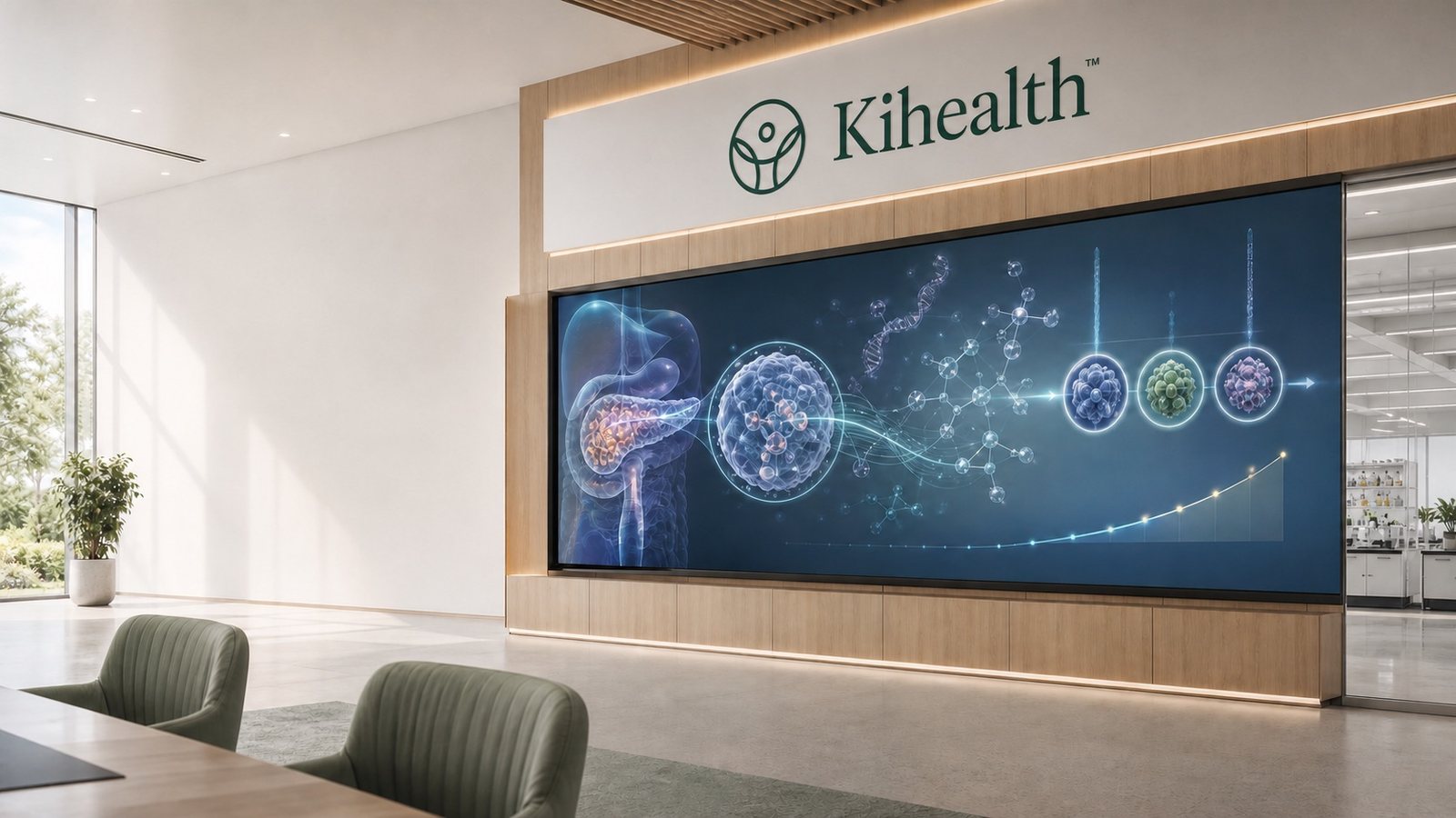 Kihealth reception area with the Kihealth logo above a large display showing molecular and clinical data