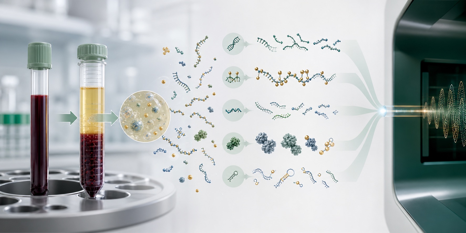 A blood sample separated into plasma, releasing tissue-specific molecular signals that flow into a laboratory measurement instrument