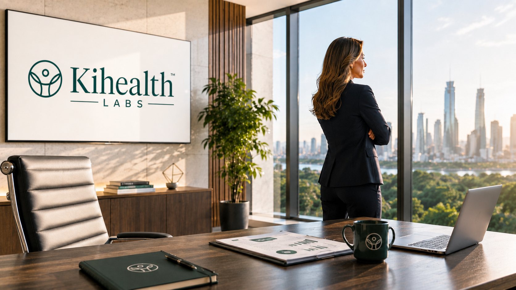 Kihealth executive looking out over a city skyline from a sunlit office