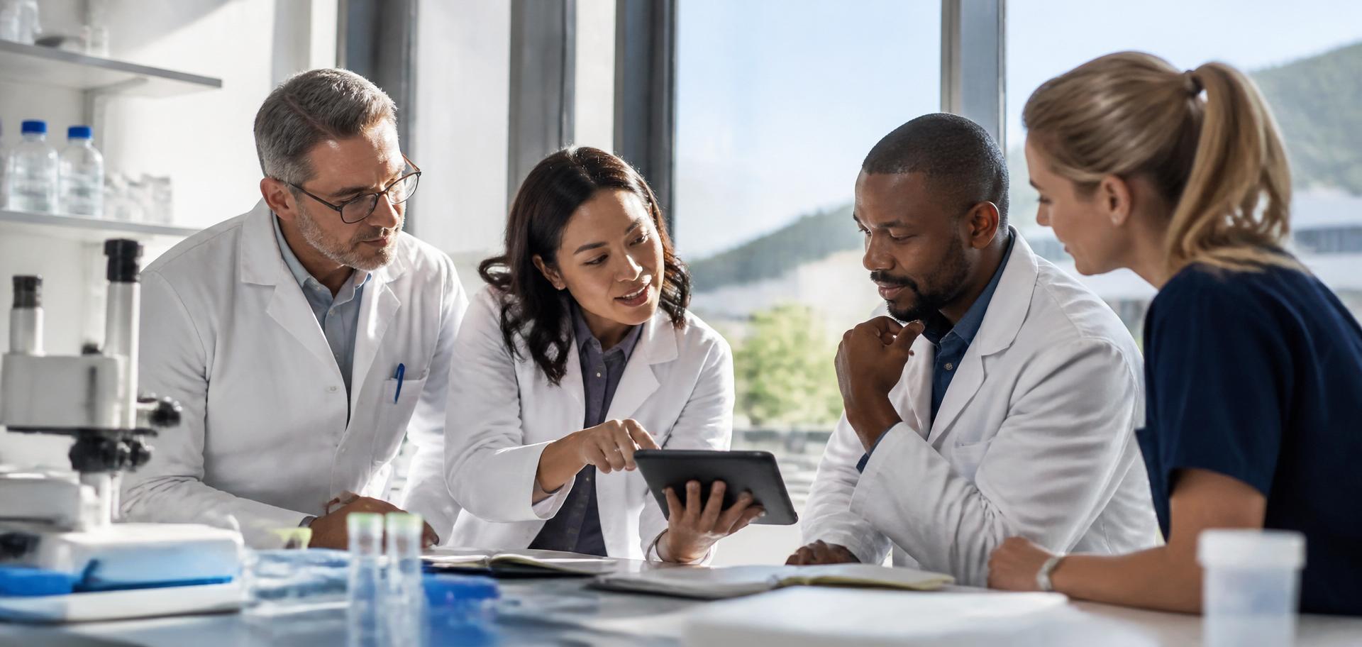 Clinicians and research scientists reviewing laboratory results in a sunlit modern laboratory