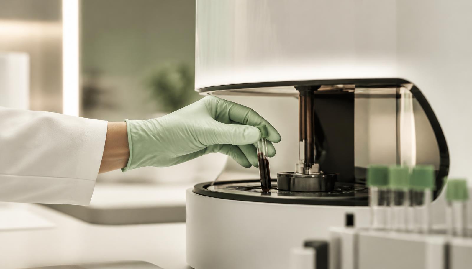 Scientist placing a blood sample into a precision molecular-diagnostics instrument in a modern Kihealth laboratory