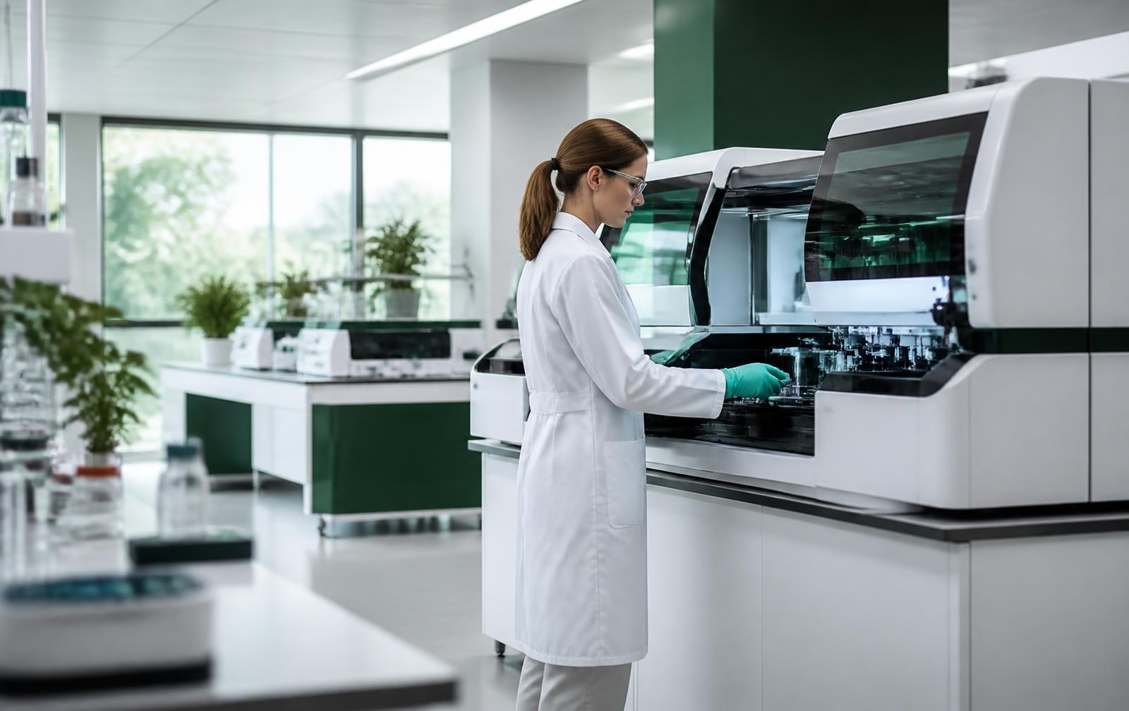 Scientist operating an automated molecular-diagnostics analyzer in a bright laboratory